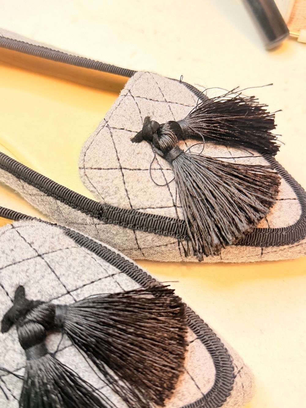 Karl Lagerfeld Gray Quilted Pointed Flats with Black Tassels - Picture 2 of 8